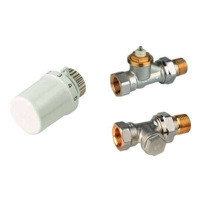 Zestaw grzejnikowy prosty do grzejników bocznozasilanych 1/2" zawiera: głowicę Thera-6 (T3019W0) + zawór termostatyczny, prosty, wkładka SX, 1/2" V2000DSX15 + zawór powrotny, prosty, 1/2", V2420D0015