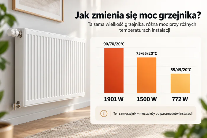 Porównanie mocy grzejnika przy temperaturach 90/70/20°C, 75/65/20°C i 55/45/20°C
